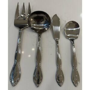 Vtg 4 Pc Serving Utensils “T” Monogram Custom Made Floral Stainless Flatware EUC